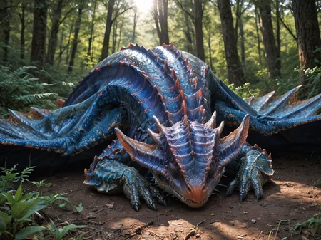 <lora:MH_Namielle_a1_5_PonyXL:0.9>,score_9,score_8_up,score_7_up, nature photography, cropped photo,
sunlight, bloom, subsurface scattering, sharp hyper detailed, dramatic lighting, , (shiny metallic skin:1.2), (ultra-detailed small micro scales), bright highlights,
namielle,feral,by zackary911,by syuro,by hanuvo, long thick whiskers ,closed folded wings, massive size, wings like a metallic blanket, (wide head:1.2),solo,hi res,detailed background,forest, head on ground, closed eyes,sleeping,<lora:RM_Enhancer_v1.0_bf16:.1>  <lora:p:.2> <lora:Add_More_details_SD3:.5> ,