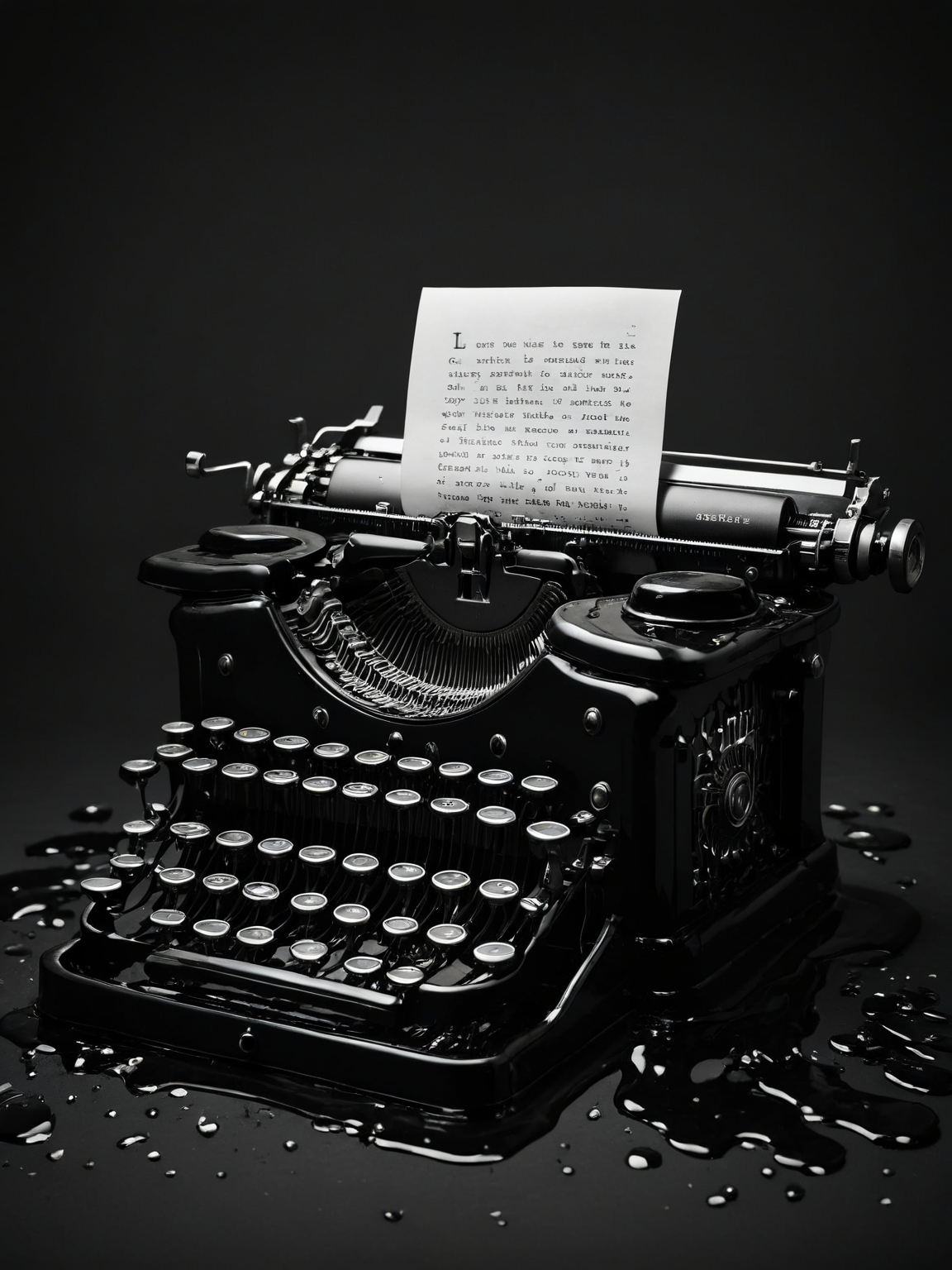 A haunting image of a vintage typewriter, with the keys and letters melting into black goo, as if the words themselves are alive and escaping, taken with a Hasselblad X1D for crisp detail <lora:Black_Goo:0.7>  <lora:EnvyBetterHiresFixXL01:0:hr=1>