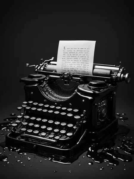 A haunting image of a vintage typewriter, with the keys and letters melting into black goo, as if the words themselves are alive and escaping, taken with a Hasselblad X1D for crisp detail <lora:Black_Goo:0.7> <lora:EnvyBetterHiresFixXL01:0:hr=1>