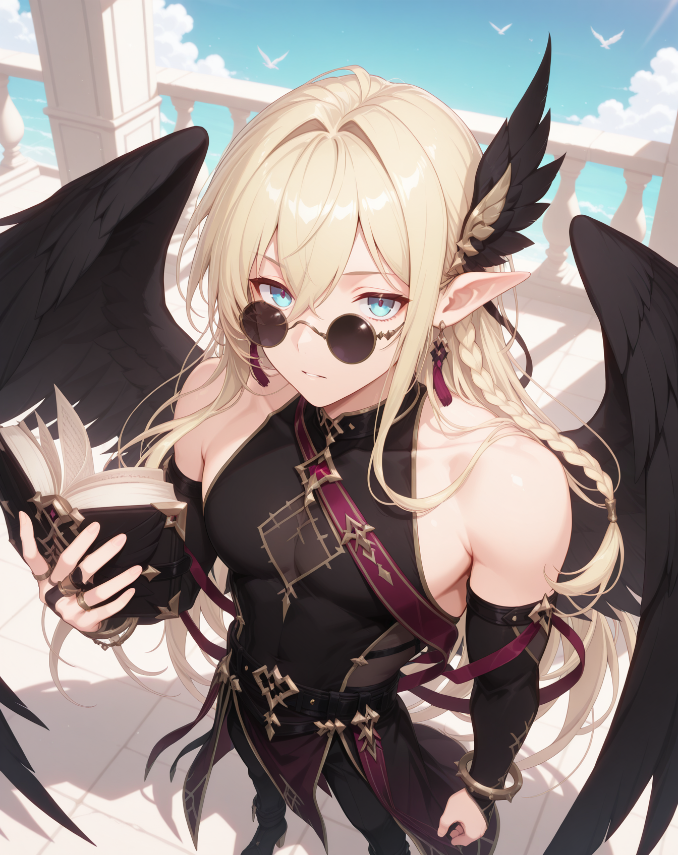 masterpiece, amazing quality, best quality, absurdres, very aesthetic,
1boy, solo, yaoi, male focus, full body, from above, standing, looking at viewer, face focus,
<lora:Grandiel_Forbbiden_Tome:1>   grandielfb, pointy ears, blonde hair, hair between eyes, blue eyes, long bangs, sunglasses,double-parted bangs, official alternate costume, side braid,
black feathers, black wings, feathered wings, open book, tassel, pelvic curtain, sleeveless shirt, black shirt, waist cape, pince-nez, black sash, black belt,eyewear strap, gold trim, detached sleeves, red sash, purple sash, black robe,long sleeves, black sleeves, head wings, bridal gauntlets, bare shoulders, shoulder sash, white wings, black cape, feather trim, low wings, high heels, multiple wings, shoes, boots, black pants, black footwear,
chain, multiple rings, ring, bracelet, monocle, feather hair ornament, wing hair ornament, jewelry, earrings,
floating book, floating object, holding book, 
outdoors, day, blue sky,