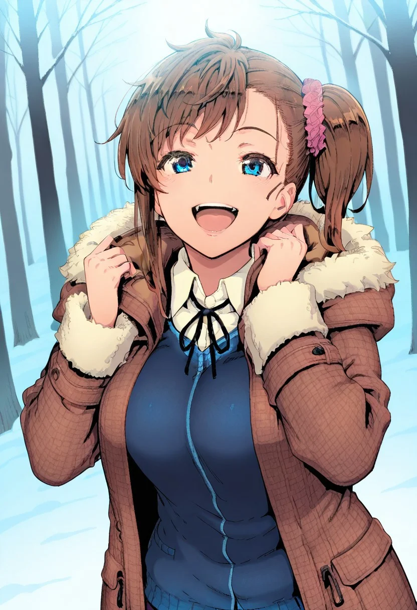 source_manga, best quality,masterpiece, Master piece, illucinemic lighting, shinozuka_yuuji's style, 1girl, young girl, brown hair, side ponytail, blue eyes, brown coat with fur hood, fur sleeve, blue cardigan, hair ornament, standing, smile, open mouth, snowy background, street