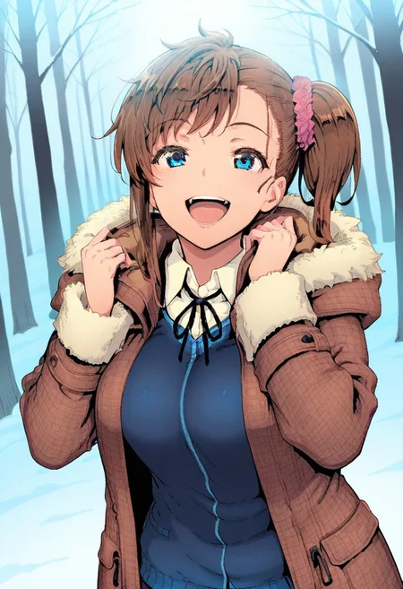 source_manga, best quality,masterpiece, Master piece, illucinemic lighting, shinozuka_yuuji's style, 1girl, young girl, brown hair, side ponytail, blue eyes, brown coat with fur hood, fur sleeve, blue cardigan, hair ornament, standing, smile, open mouth, snowy background, street