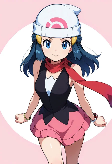 zzDawn, blue hair, blue eyes, sidelocks, long hair, bare shoulders, beanie, black shirt, black socks, bracelet, hat, jewelry, kneehighs, miniskirt, pink skirt, red scarf, scarf, shirt, skirt, sleeveless, sleeveless shirt, white headwear,
smile, looking at viewer, pretty background, dynamic pose,