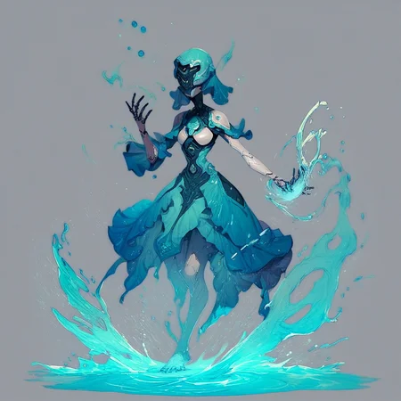score_9, score_8_up, score_7_up, score_6_up, score_5_up, score_4_up, Yareli, 1girl, humanoid robot, aura, water, gray background
