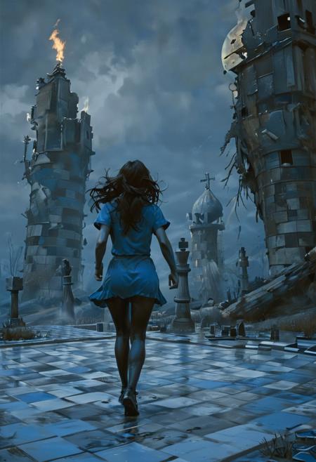 (water-colored), illustration, style of Jessica Galbreth,
(far view, far shot, rear view, facing away:1.3),
(Alice, woman running, very long dark brown hair,  hair rim lighting, hair in the wind, blue maid dress with short sleeves, black tights, black shoes:1.5), 
fog, dreamy, dream, landscape, cloudy, raining, forest,
(tiled floor, giant chess pieces, chess board, chess, giant towers, ruins:2),cyberpunk 2077 style,