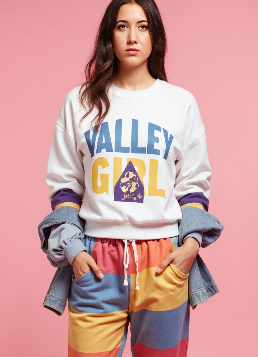 SFW, brightly lit, The image is a portrait of a woman posing in front of a pink background. She is wearing a white sweatshirt with the words "Valley Girl" written in blue and yellow letters across the chest. She has long baggy sweatpants in multiple colors covering her legs. The sweatshirt has a graphic design on the front and a blue denim jacket over it. She has e hair styled in loose waves and is wearing colorful striped socks. The woman is standing with her hands in her pockets and is looking directly at the camera with a serious expression., aidmaimageupgrader<lora:flux\custom\celebrity\vanessa-carlton.safetensors:1.05:1.05> <lora:flux\turbo-8-step-flux.safetensors:0.5:0.5> <lora:flux\style\Common\aidmaImageUprader-FLUX-v0.3.safetensors:0.25:0.25>