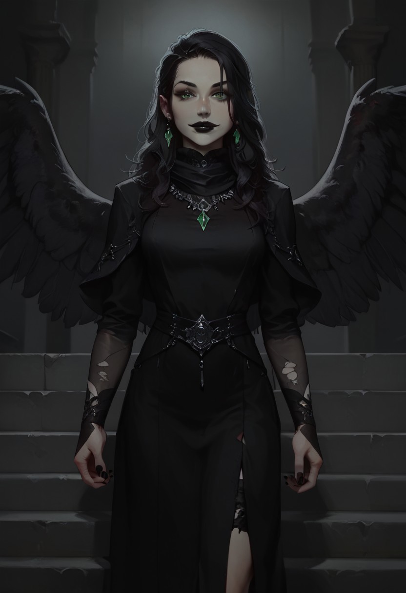 score_9, score_8_up, score_7_up, concept art, realistic, dark theme, perfect quality, masterpiece, highly detailed, low light, Expressiveh, 4kFacePonyXL, ng_deepnegative_v1_75t,
anatomically perfect, bhands, glowing, neon lights,
portrait, gothic fantasy style, wide gothic grey marble staircase, outdoor scene, 
1girl, 30 years old woman, solo, tall regal figure, slender body, fit athletic body, beautiful face, pale skin, black boots, slightly torn elegant long black robes, thick robes, rags, robes covering body from neck to ankle, black scarf, holes in robe, dark black messy hair with gray streaks, waist length hair, long hair, large sexy eyes, vibrant green eyes, black nail polish, standing at top of the staircase, black wings, black lipstick, soft smile, silver ring with ruby stone, silver diamond earrings, silver necklace with ruby medallion, looking at viewer,