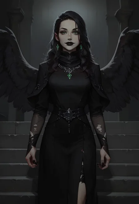 score_9, score_8_up, score_7_up, concept art, realistic, dark theme, perfect quality, masterpiece, highly detailed, low light, Expressiveh, 4kFacePonyXL, ng_deepnegative_v1_75t,
anatomically perfect, bhands, glowing, neon lights,
portrait, gothic fantasy style, wide gothic grey marble staircase, outdoor scene, 
1girl, 30 years old woman, solo, tall regal figure, slender body, fit athletic body, beautiful face, pale skin, black boots, slightly torn elegant long black robes, thick robes, rags, robes covering body from neck to ankle, black scarf, holes in robe, dark black messy hair with gray streaks, waist length hair, long hair, large sexy eyes, vibrant green eyes, black nail polish, standing at top of the staircase, black wings, black lipstick, soft smile, silver ring with ruby stone, silver diamond earrings, silver necklace with ruby medallion, looking at viewer,