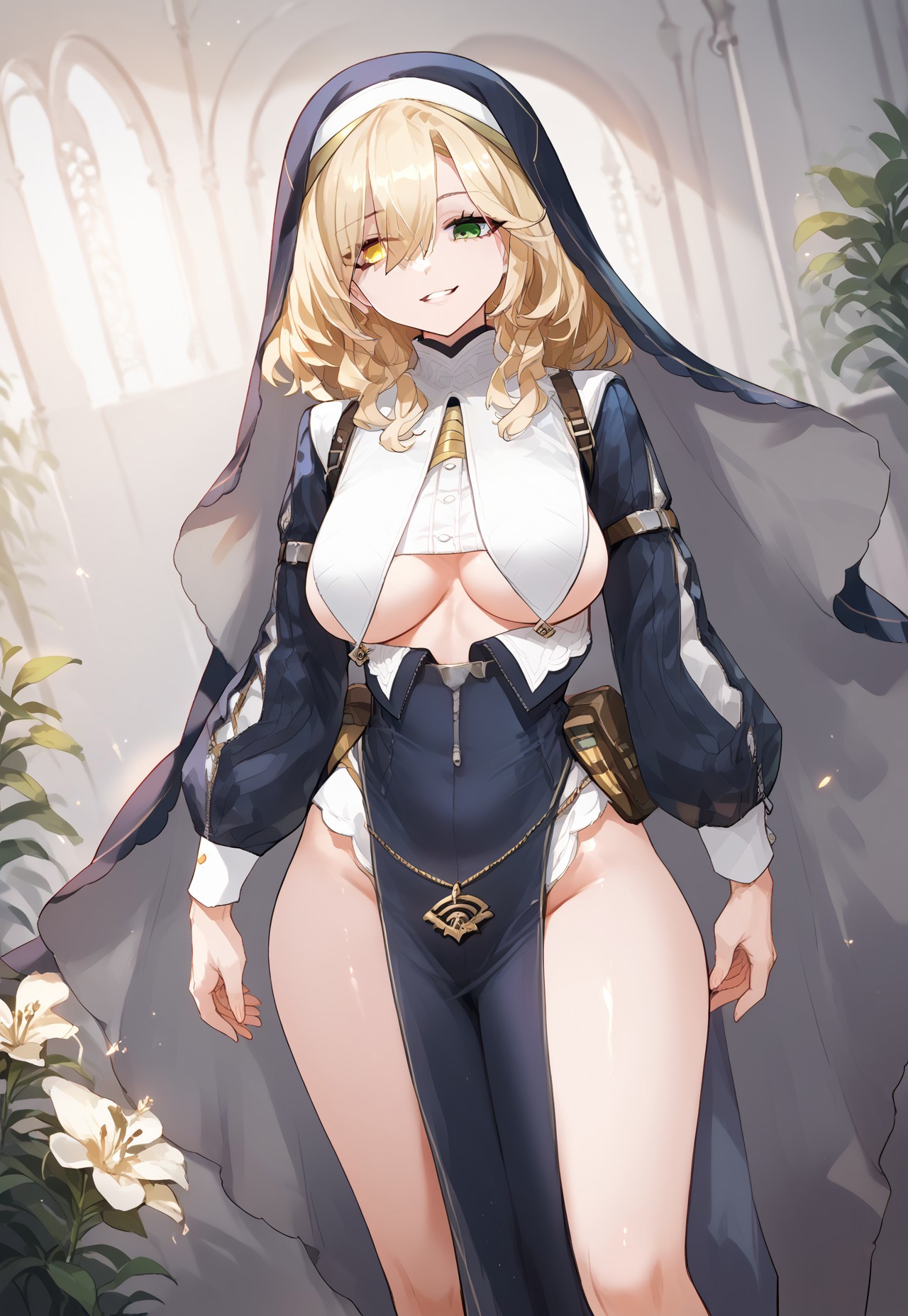 zPDXL3, score_9_up, score_8_up, score_7_up, (Anime_source), 1girl, AbigailAgnes, heterochromia, green eye, yellow eye, Abigail clothes, nun, parted lips, standing on spaceships, plants, smile, dutch angle