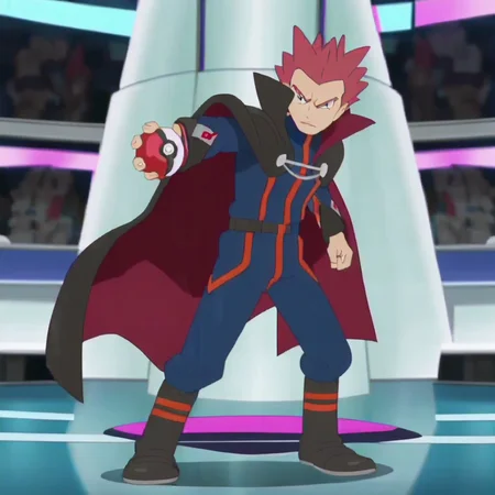 Score_7_up, score_8_up, score_9, solo male, PKLance, spiked hair, red hair, cape, full body, holding pokeball, action pose, flowing cape, stadium setting, anime screencap,