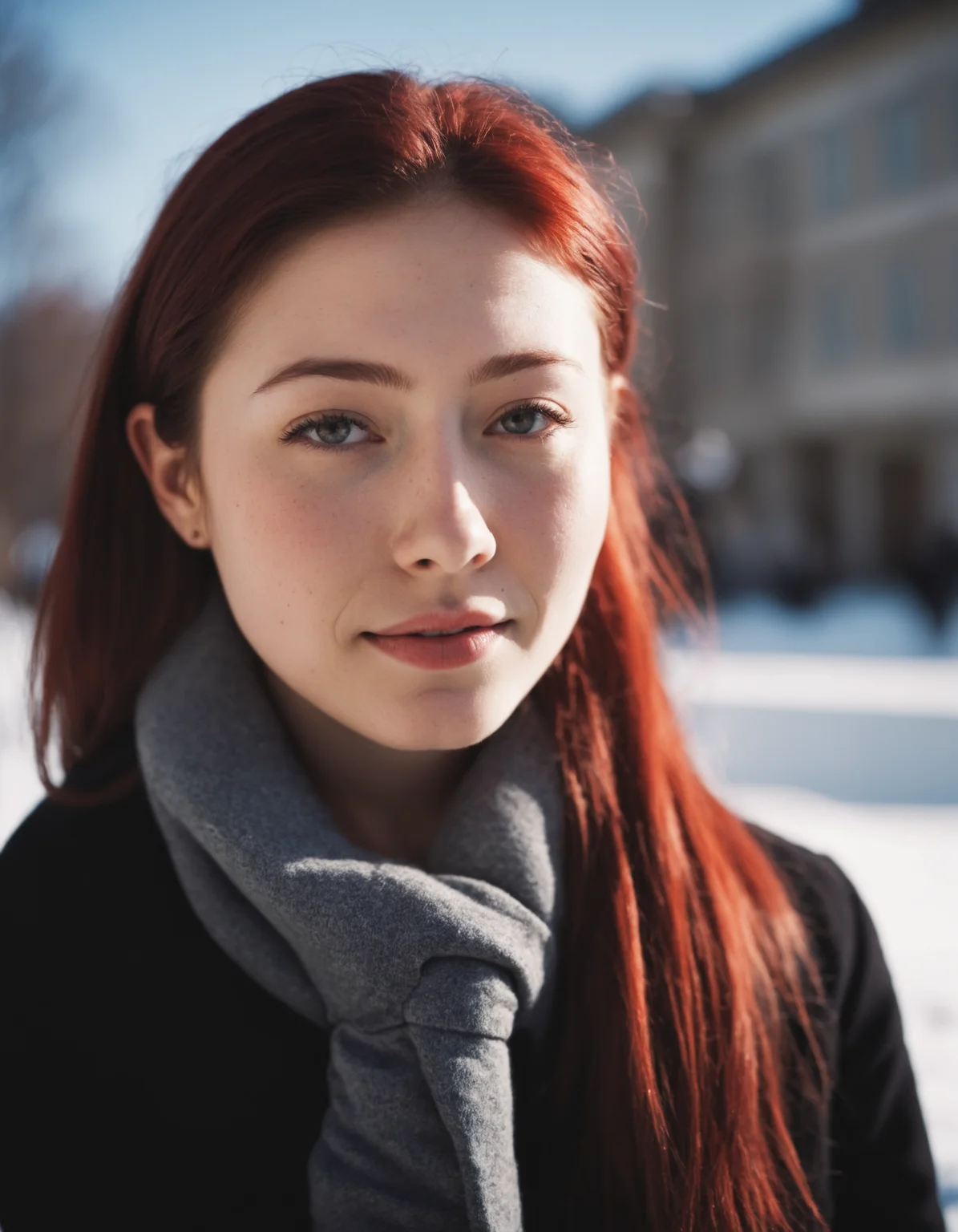 amateur cellphone flash photography (art by Mathias Goeritz:0.9) , photograph, Lush Girlfriend Ayumi Shibutani , Rich Red hair, winter , Noon , tilt shift, sharp focus, specular lighting, film grain, Samsung Galaxy, F/5, (cinematic still:1.2), (freckles:0.5) . f8.0, samsung galaxy, noise, jpeg artefacts, poor lighting,  low light, underexposed, high contrast