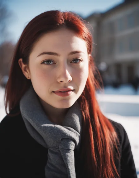 amateur cellphone flash photography (art by Mathias Goeritz:0.9) , photograph, Lush Girlfriend Ayumi Shibutani , Rich Red hair, winter , Noon , tilt shift, sharp focus, specular lighting, film grain, Samsung Galaxy, F/5, (cinematic still:1.2), (freckles:0.5) . f8.0, samsung galaxy, noise, jpeg artefacts, poor lighting,  low light, underexposed, high contrast