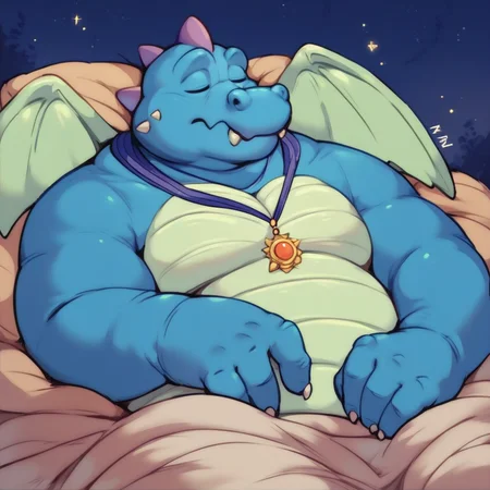 score_9, score_8_up, score_7_up, score_6_up, score_5_up, score_4_up, ord, dragon, blue skin, light green wings, light green belly, chubby, fat, furry, purple spikes, necklace, night, sleeping on bed, sleeping