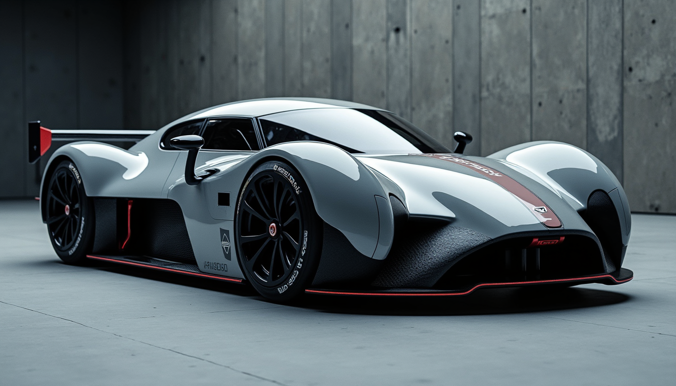 A picture of a futuristic yfg-sde at the 24 hours of Le Mans. The camera is positioned perfectly perpendicular to the side of the car.