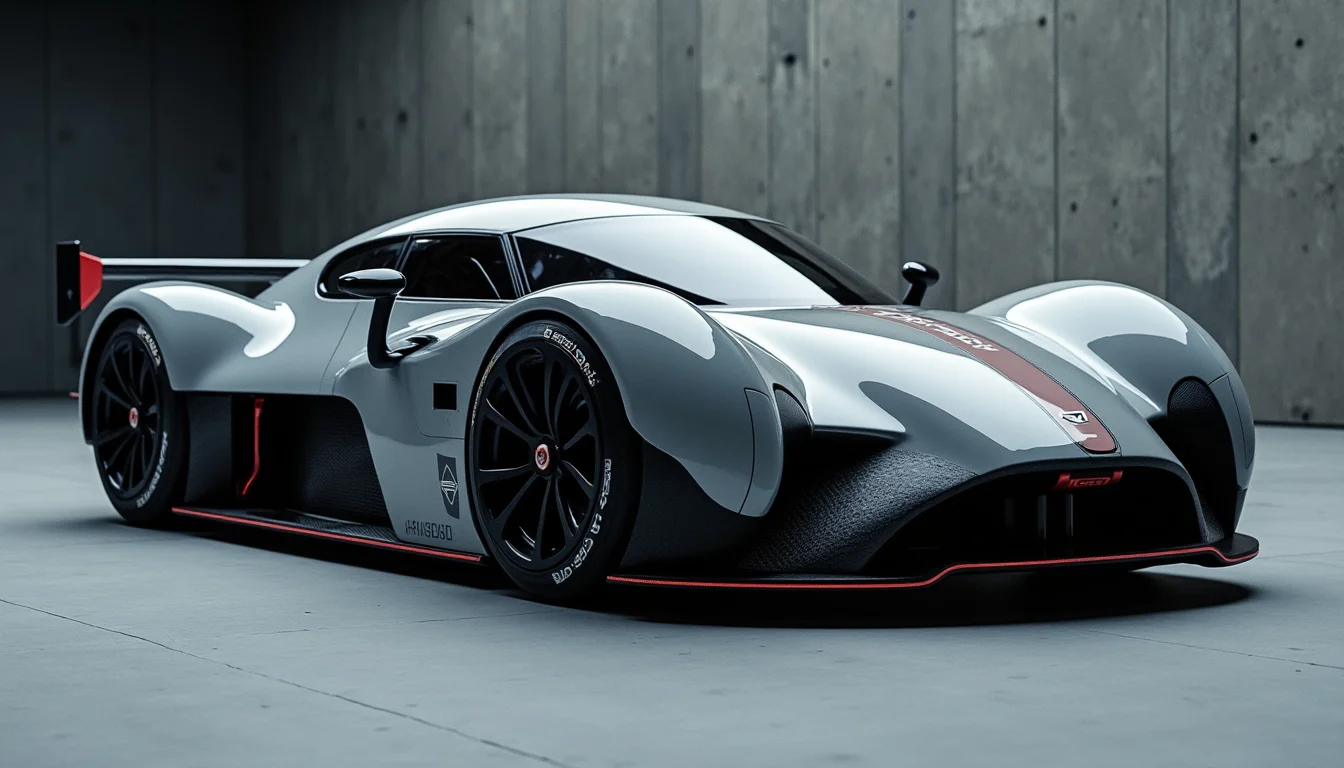 A picture of a futuristic yfg-sde at the 24 hours of Le Mans. The camera is positioned perfectly perpendicular to the side of the car.