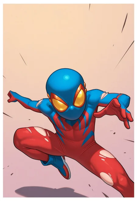 1boy, male focus, cute boy, BaileyBriggs, Mask, Spiderboy Costume, Two-tone Bodysuit, Red Bodysuit, Blue Bodysuit, simple background, graphic border, cinematic, intricately detailed illustration, depth of field, masterpiece, best quality, amazing quality, very aesthetic, absurdres, newest, very awa, shadow, dynamic angle, casual cosplay, dynamic pose,  action pose, torn bodysuit, scrapped skin,