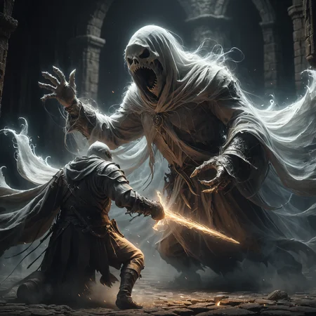 mage fighting a huge ghost made of mad-wsps in dark dungeon, Bosstyle, dynamic pose, cinematic shot, dramatic lighting<lora:Wisps_of_Light_SDXL:0.5> <lora:XL_boss_battle:0.8> 0.6>, masterpiece, best quality, ultra high res, (photorealistic, realistic:1.2), deep shadow, raw photo, film grain, Fujifilm XT3, 8k uhd, dslr