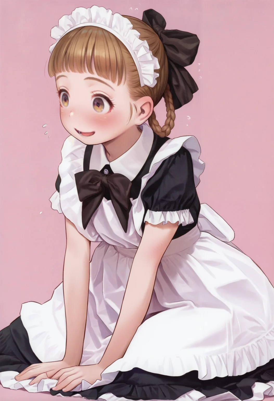 1girl, solo, maid headdress, maid, bow, brown hair, smile, sitting, braid, white apron, frills, maid apron, short sleeves, black dress, open mouth, blush, hair bow, black bow, hair rings, bangs, frilled apron, simple background, bowtie, flying sweatdrops,
masterpiece, best quality, amazing quality, absurdres, newest,
<lora:renji_murata:1>