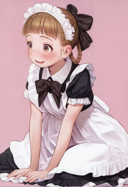 1girl, solo, maid headdress, maid, bow, brown hair, smile, sitting, braid, white apron, frills, maid apron, short sleeves, black dress, open mouth, blush, hair bow, black bow, hair rings, bangs, frilled apron, simple background, bowtie, flying sweatdrops,
masterpiece, best quality, amazing quality, absurdres, newest,
<lora:renji_murata:1>