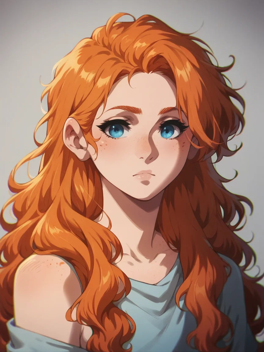 score_9, score_8_up, score_7_up, score_6_up, score_5_up, <lora:VEXLP:1> ve, blue eyes, ginger hair, long hair, freckles,