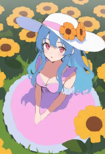 1girl, sun flower, blue hair, dress, flower field, gold trim, long hair, pink eyes, hat, from above, cleavage, outdoors, sitting, BREAK
BREAK
score_9, score_8_up, score_7_up , source_anime, <lora:ColorRoughSlider:1.0>