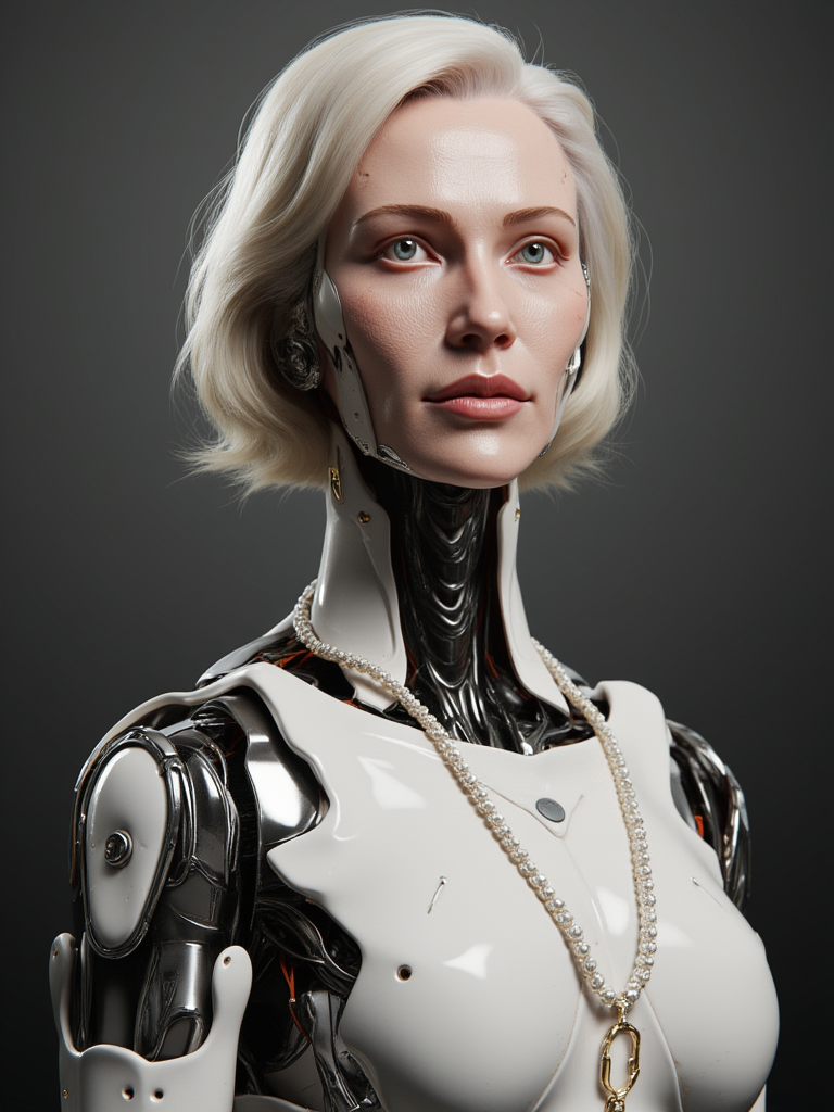 w1z_m4ch1n4 style robot cyborg An older woman, in her late 50s, with a graceful poise. Her hair is neatly styled, and she wears a pearl necklace. Her face, though aged, carries an elegant beauty. The mechanical person has built-in plugboard, transistor and variable air capacitor.