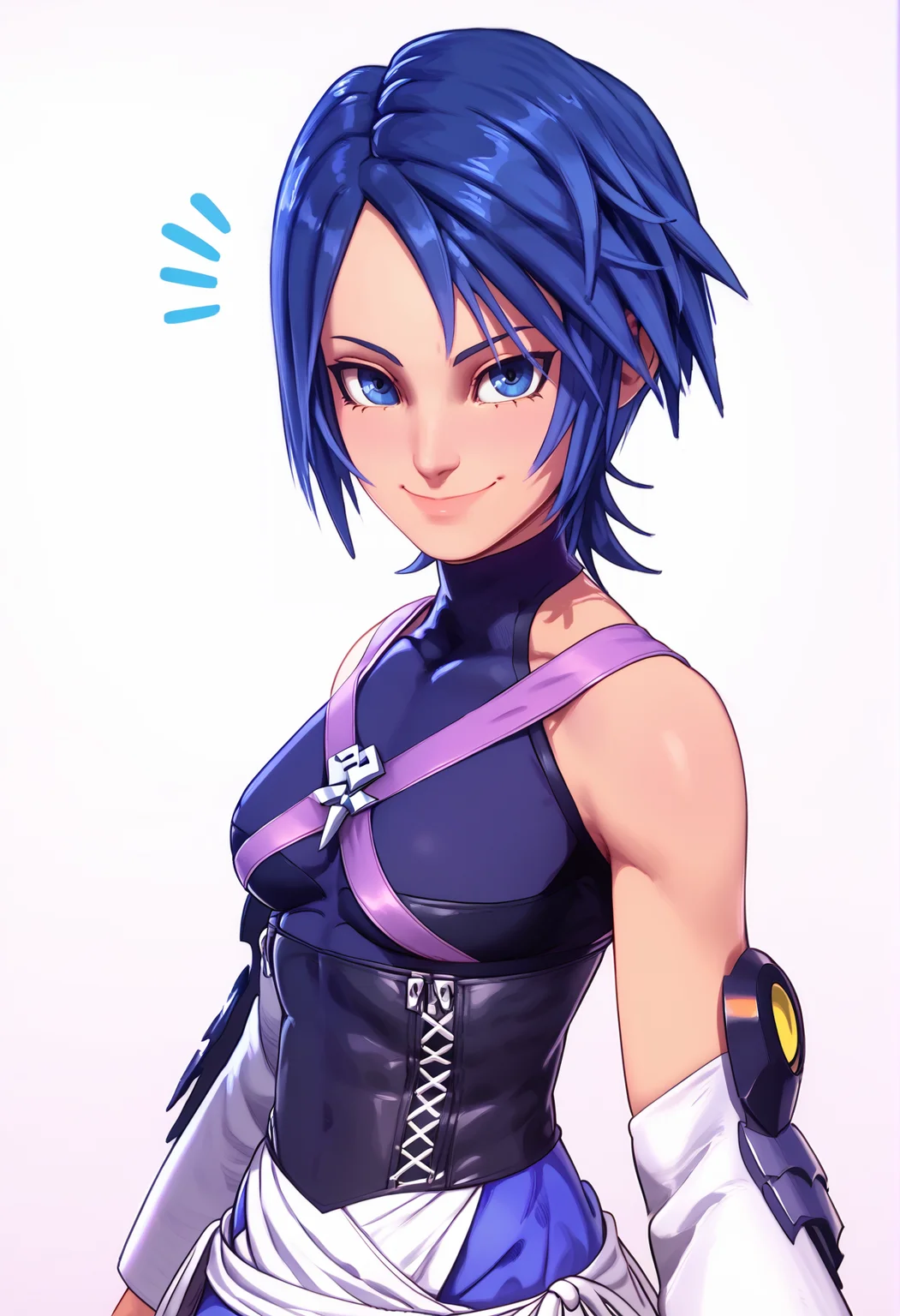 score_9, score_8_up, score_7_up, <lora:AquaPonyV1.0:1>, khaqua, 1girl, solo, blue hair, short hair, spiked hair, blue eyes, smile, sleeveless dark blue turtleneck, bare shoulders, purple chest strap, silver chest ornament, arm armor, white detached sleeves, black corset, white laces, blue skirt, white ribbons, black shorts, black thighhighs,  <lora:D-ART_XL-V2:1> D-ART, D-ART Style, 18dart3, 18dart2, 18DART1, !!, ??,