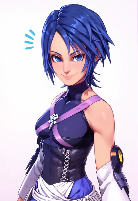 score_9, score_8_up, score_7_up, <lora:AquaPonyV1.0:1>, khaqua, 1girl, solo, blue hair, short hair, spiked hair, blue eyes, smile, sleeveless dark blue turtleneck, bare shoulders, purple chest strap, silver chest ornament, arm armor, white detached sleeves, black corset, white laces, blue skirt, white ribbons, black shorts, black thighhighs, <lora:D-ART_XL-V2:1> D-ART, D-ART Style, 18dart3, 18dart2, 18DART1, !!, ??,