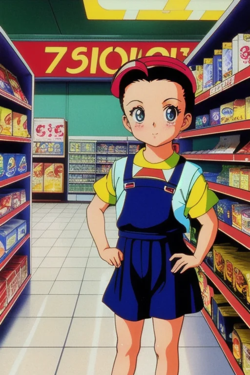 Vintage 90's anime style. half body, stylish baby model posing in 7/11 convenience store., sci-fi.