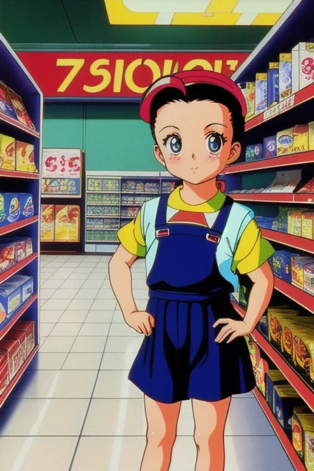 Vintage 90's anime style. half body, stylish baby model posing in 7/11 convenience store., sci-fi.