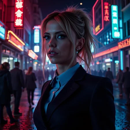 futuristic style neon noir surrealist art a beautiful blond woman, wearing a secretary uniform, in an office <lora:Riley_Voelkel:1> rileyv . dreamlike, mysterious, provocative, symbolic, intricate, detailed . cyberpunk, dark, rainy streets, neon signs, high contrast, low light, vibrant, highly detailed . sleek, modern, ultramodern, high tech, detailed
