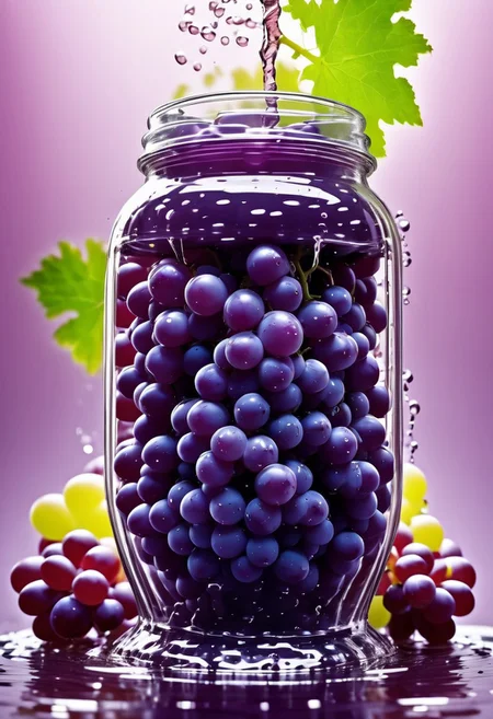 Closeup, highly detailed image, animated, ((one grape)), sad face, tears, sad expression, unhappy expression, outside a glass jar of grape jelly, (((grape with sad face))), radiant colors, high resolution
