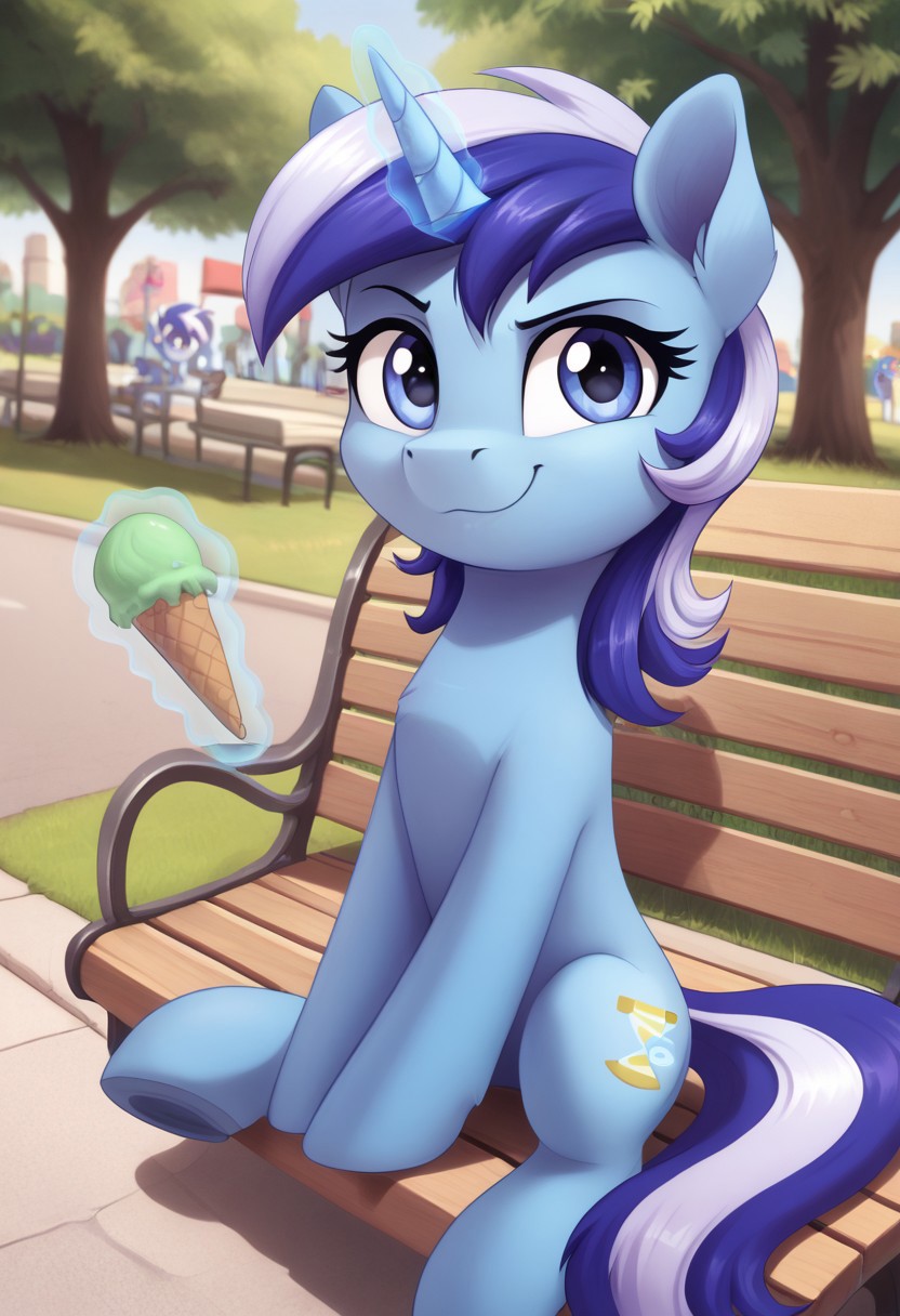 score_9, score_8_up, score_7_up, score_6_up, score_5_up, score_4_up, g4, solo, minuette, park, sit, bench, ice cream, magic, happy, smile, cute, glare, high res, detailed face