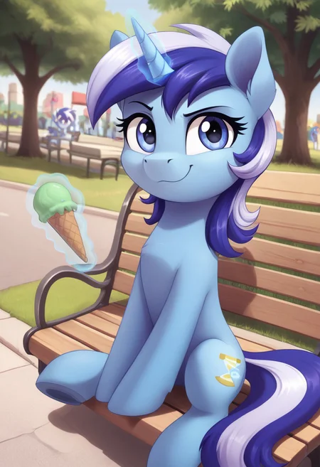 score_9, score_8_up, score_7_up, score_6_up, score_5_up, score_4_up, g4, solo, minuette, park, sit, bench, ice cream, magic, happy, smile, cute, glare, high res, detailed face