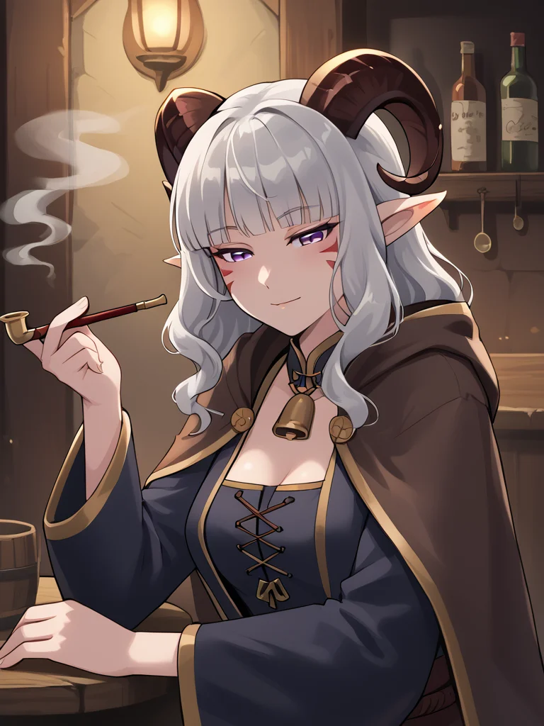 <lora:smoking_Pipe:0.8> smoking_pipe, holding smoking pipe, looking at viwer, fantasy, medieval, tavern:1.4, sitting,, source_furry, score_7_up, rating_safe, cowboy shot, gold necklace, tiefing, short pointed ears, brown horns, (a pair of brown sheep Horns that begin at her temples and curve back: 1.5), bangs, long silver hair long wavy hair, pale skin, <lora:whisker_markings:0.8>red whisker_markings ,short pointy ears, purple eyes, <lora:age_slider_v4:0.6> medium breasts, skinny female, close up, silver hair, <lora:Tieflingnew weird fantasyDND:0.3> Tiefling, pointed ears, horns, half-closed eyes<lora:Smooth Style 2 SDXL_LoRA_Pony Diffusion V6 XL:0.5> bell, robe, hood off,