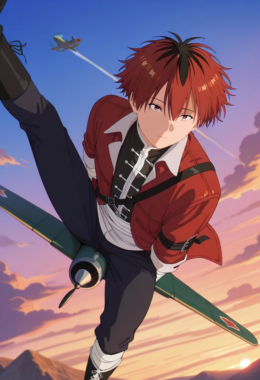 masterpiece, best quality, intricate details, , , , 1boy, solo, male focus, <lora:stark_sousou_no_frieren_ilxl:0.94>, stark_sousou_no_frieren, red hair, red eyes, short hair, bangs, hair between eyes, multicolored hair, two-tone hair, black hair, from above, plane, dusk, (dynamic pose:1.2), relaxed,