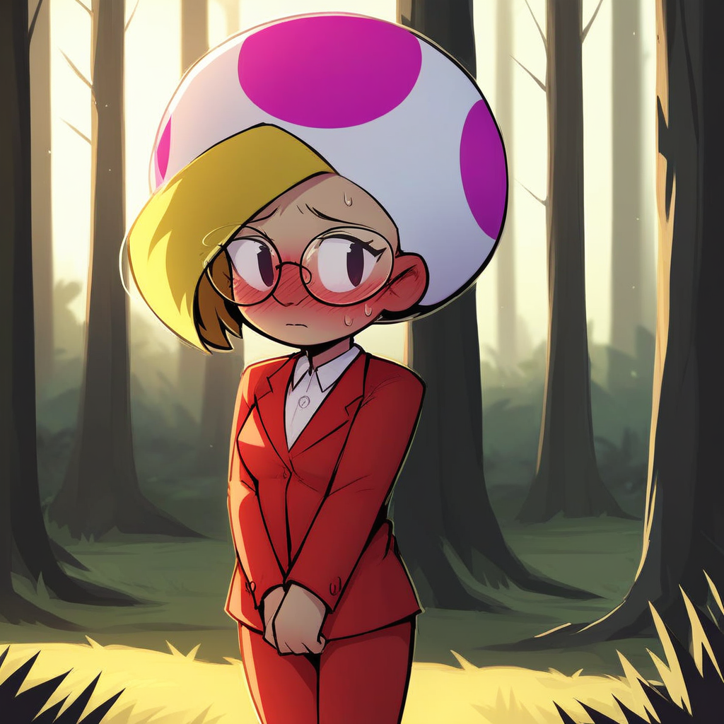 score_9, solo, jolene_tyd, blonde hair, glasses, suit, blush, shy, forest, natural lighting