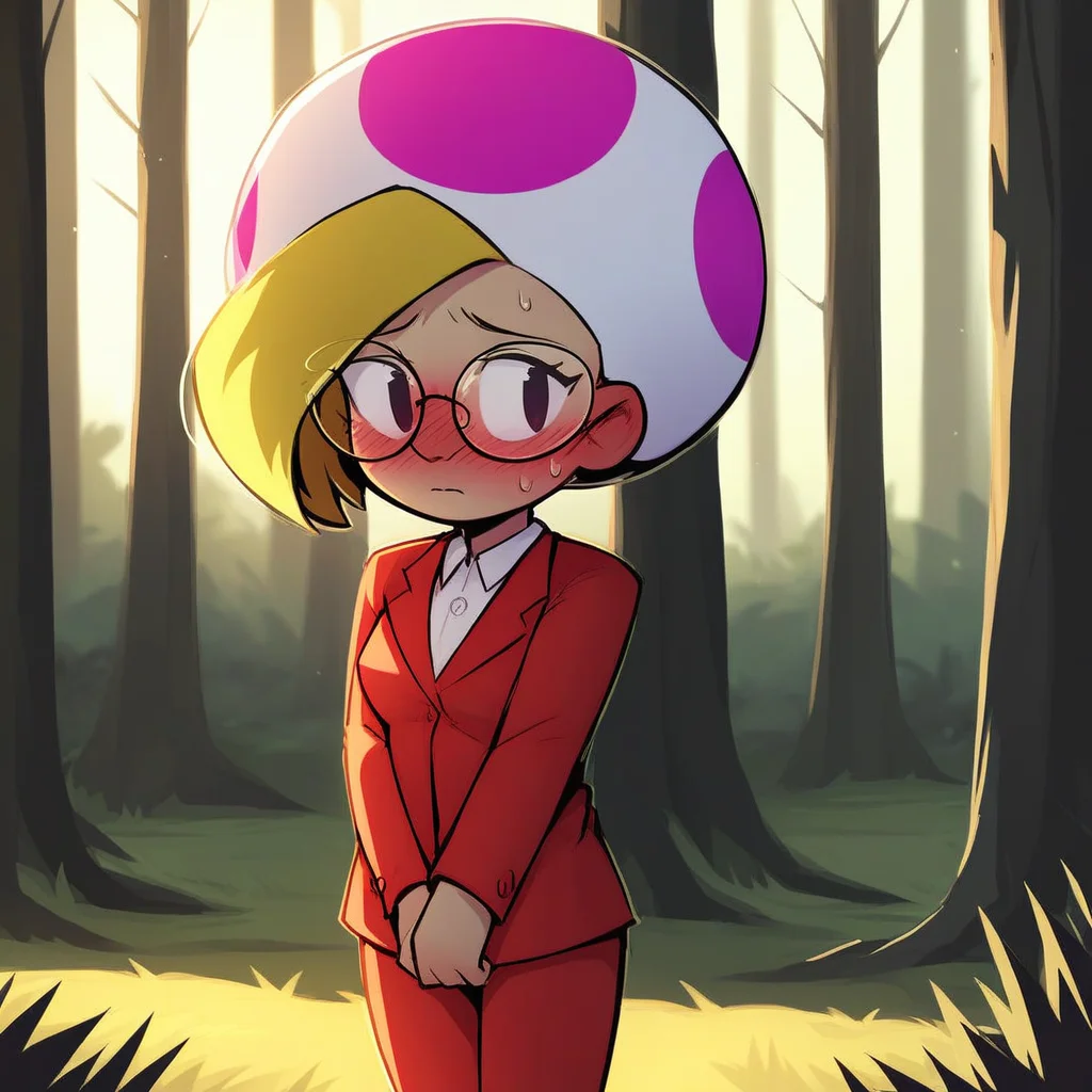 score_9, solo, jolene_tyd, blonde hair, glasses, suit, blush, shy, forest, natural lighting