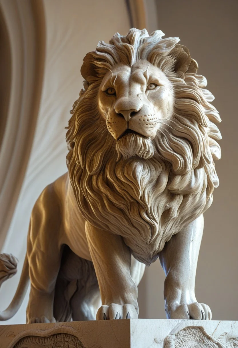 3D render of a majestic lion sculpture, hyper-realistic, intricately detailed fur, powerful stance, dramatic lighting, by Robert Kondo and Paul Komoda, high resolution, polished marble texture, museum quality display, showcasing strength and grace, with a naturalistic background.
3d-rendering, concept-art, digital, dreaminess, futuristic, multimedia, sculpture, virtual-reality
concept-art, awesome full color, fantasy, epic, majestic, magical, dreamy, perspective, light and shadow, moody, epic,
beautiful, painterly, aesthetic, textural, vivid, vibrant, intricate details, highly detailed, ultra-detailed, absurdres,
fflixmj6, WhiteMold