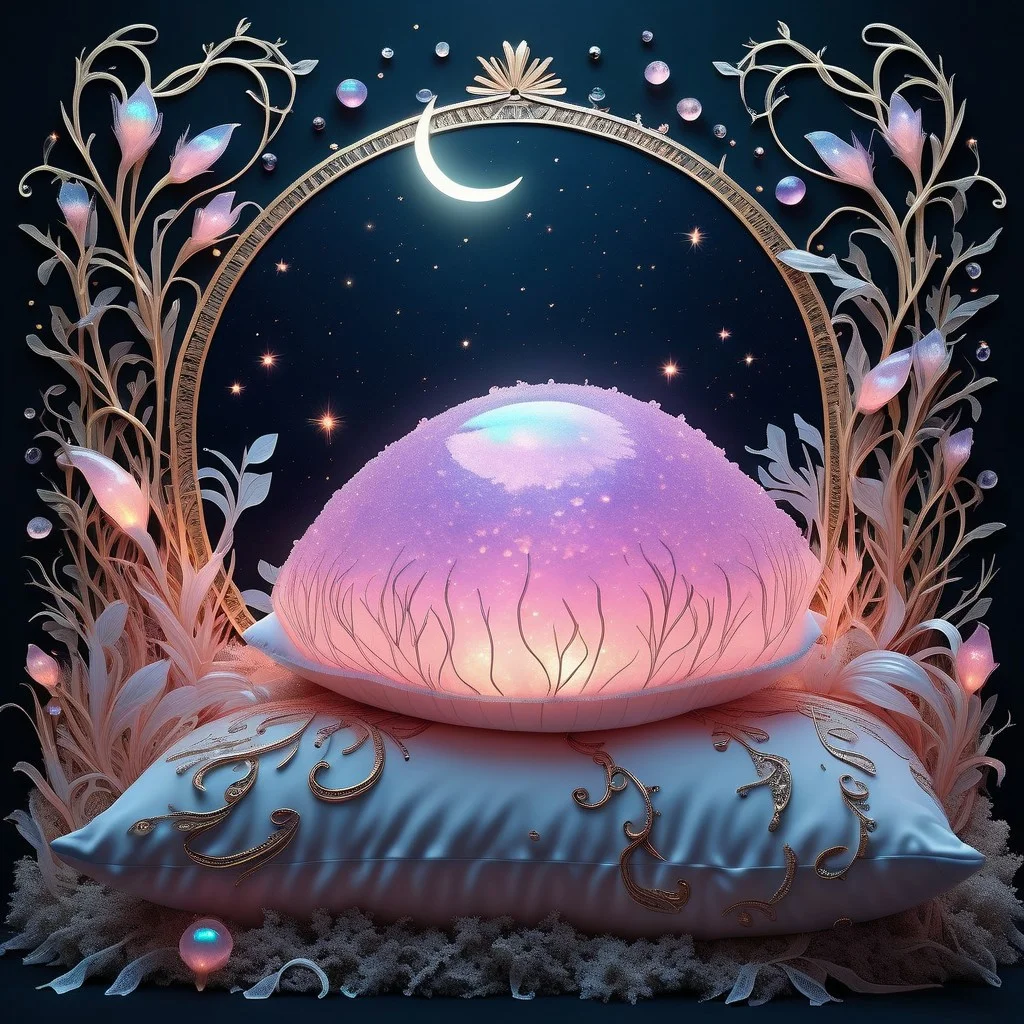 best quality, reality-shot, realism, realistic portrait photography of a beautiful pillow with whimsical elements, magical fairytale landscape, elaborate fantasy style art, black and light pink theme, intricate details, exquisite detail, ultra sharp, flawless composition, vivid colors, masterpiece, exciting background with glowing flowers and a crescent moon, opalescence, fantastical Crystal, glowing, Waterdrop, jellyfish, Framed by plants, in the style of art nouveau, glowing opal fantasy