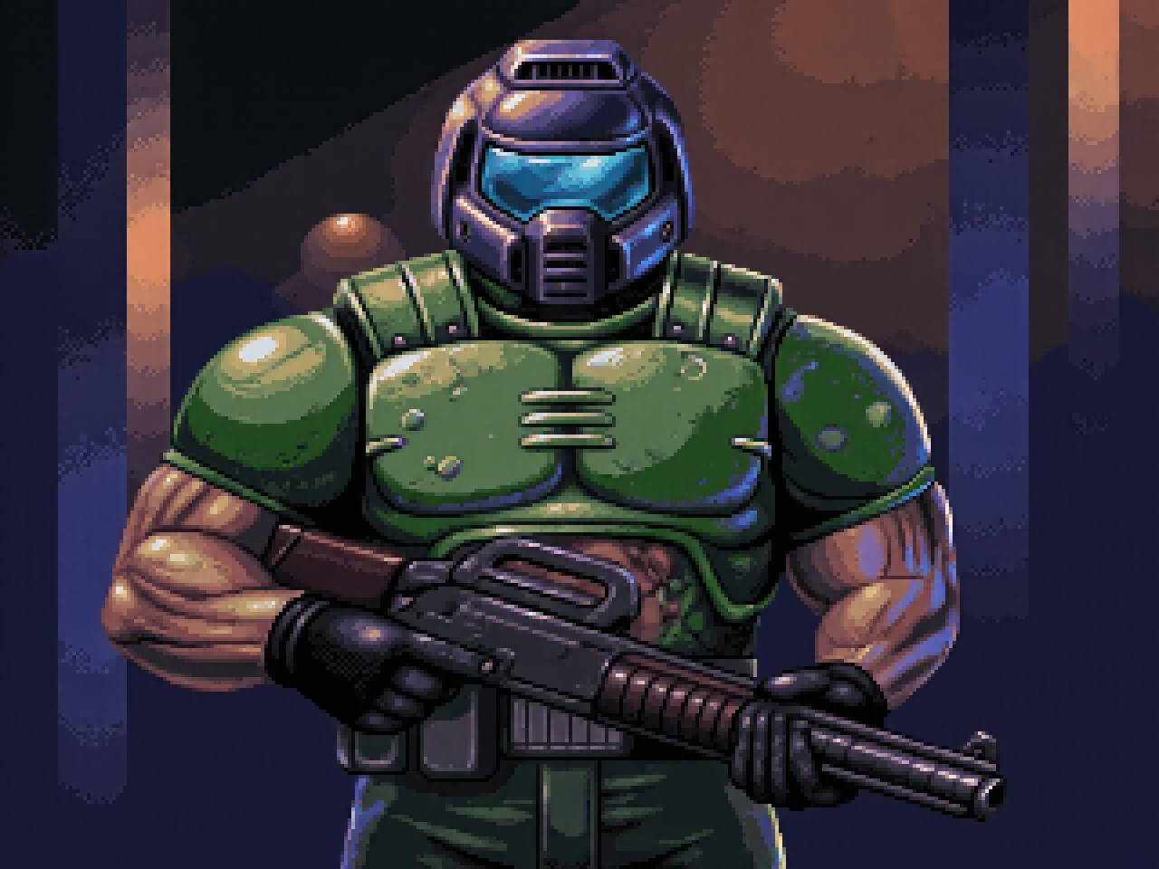 Dutch angle medium shot pixel art of doomguy holding a pump action shotgun, medium shot. The multiple sources of light at different angles highlight the man muscular body and the details of his armor.