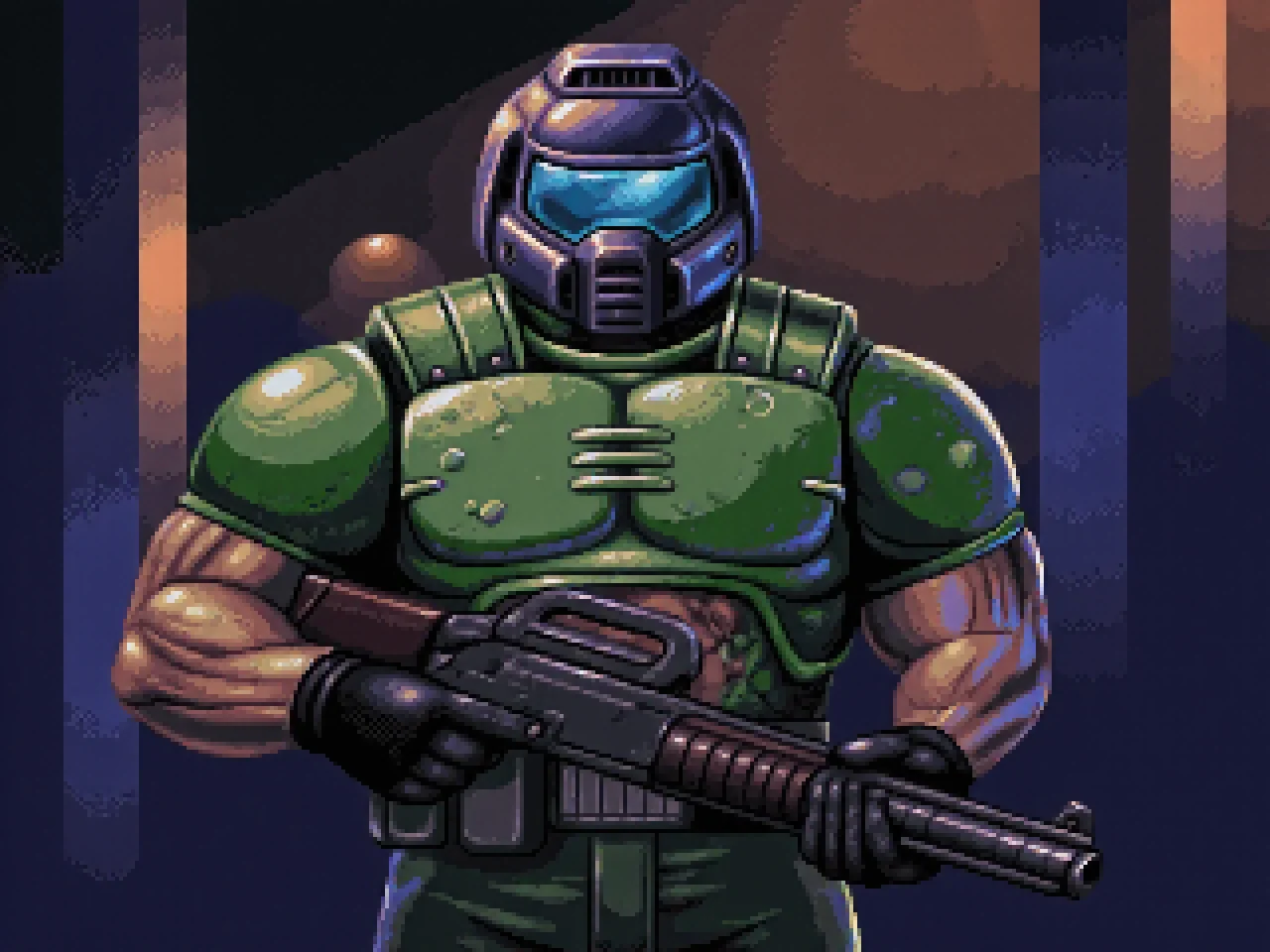 Dutch angle medium shot pixel art of doomguy holding a pump action shotgun, medium shot. The multiple sources of light at different angles highlight the man muscular body and the details of his armor.