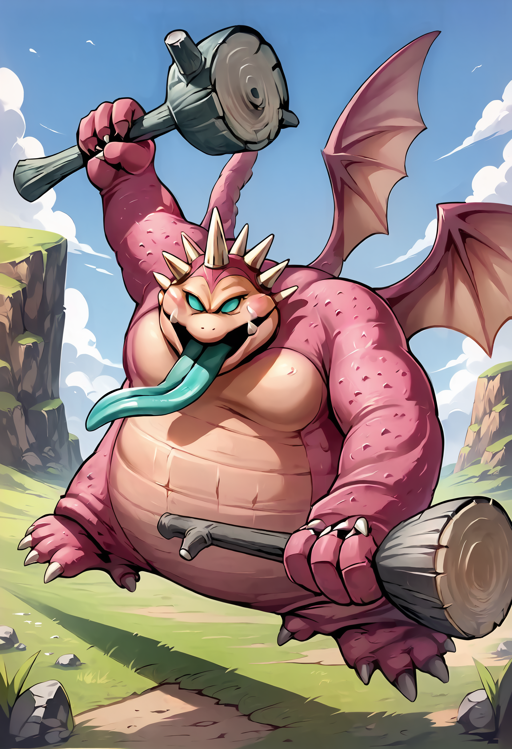 score_9,score_8_up,score_7_up,super detailed,extreme detailed,full_body,zPDXL,source anime,nature,field BREAK no humans,<lora:Pony_DetailV2.0:1> BREAK night clubber (dq),hammer,holding hammer,horns,tongue,tongue out,wings,<lora:night clubber (dq):1>,fighting stance,jumping,