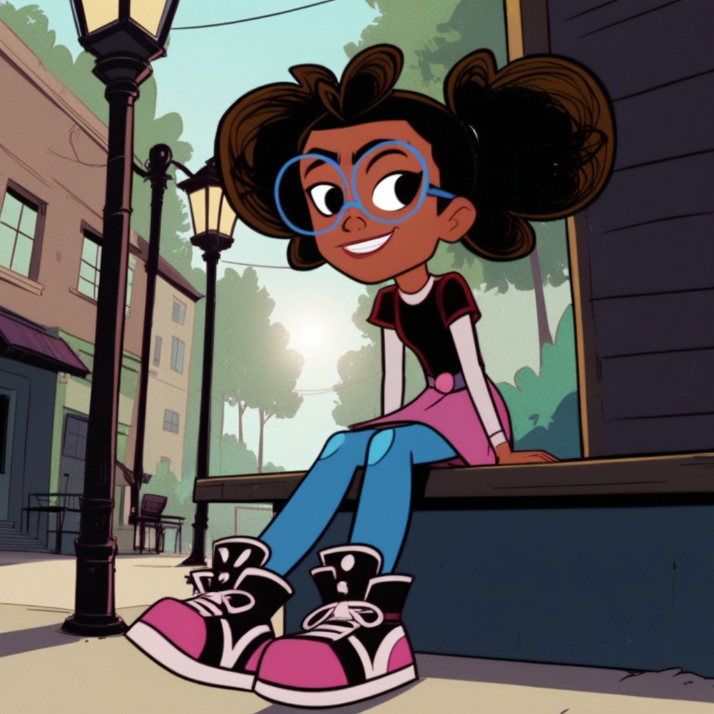 score_9, score_8, score_9, BREAK, lunella, black hair, black eyes, dark skin, glasses, outdoors, smirk, sitting, sunlight, shadows, natural lighting