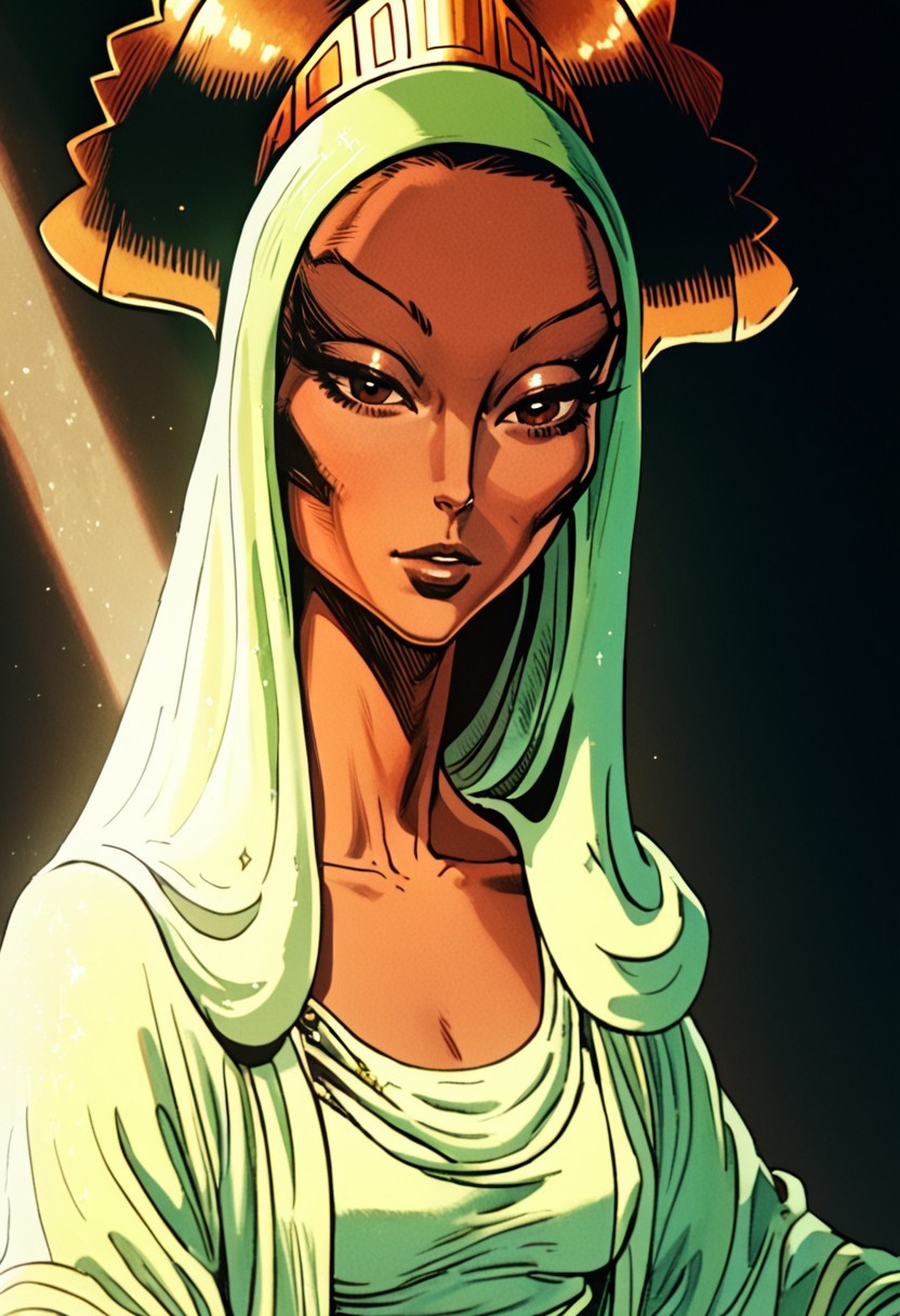score_9, score_8_up, score_7_up, score_6_up, sinfully stylish, dramatic lighting, shadows, soft light,, Expressiveh, masterpiece, high quality, (best quality:1.1), savah, 1girl, solo, gold crown, green robe,   small breasts, upper body, dutch angle, parted lips, teeth, smile, brown eyes, cowboy shot