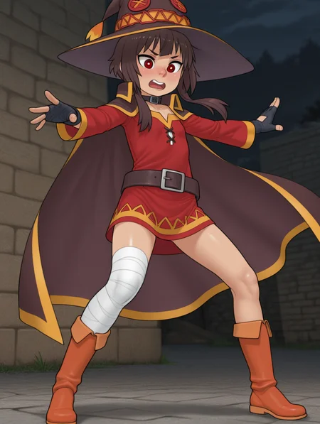F8CH8R, masterpiece,best quality,amazing quality,very aesthetic,absurdres,ultra detailed face,ultra detailed eyes, perfecteyes, <lora:SlaveTunicOutfit_Illustrious:0.8>, slavetunicoutfit, 1girl, solo, megumin, action pose