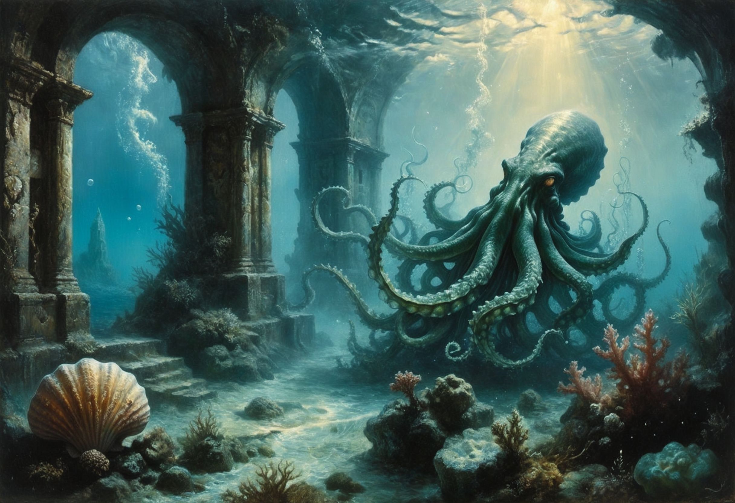 An intricate details, detailed realisti texture, best quality art by (petrus van schendel) (Hans Larwin) and (dorian cleavenger),  (luis royo), a underwater, clear water, water bubbles, steam vent, coral reef, seashell, seaweed, leviathan tentacle monster creature, cthulhu (kraken) with tentacles, underwater (ancient ruins) in the distance,<lora:Kodak Motion Picture Film Style v4:1> <lora:add_detail:0.8> <lora:aesthetic:0.8> <lora:LaxpeintXL-2.0:0.5> <lora:extremely_detailed:0.5> <lora:Desolation:0.3>