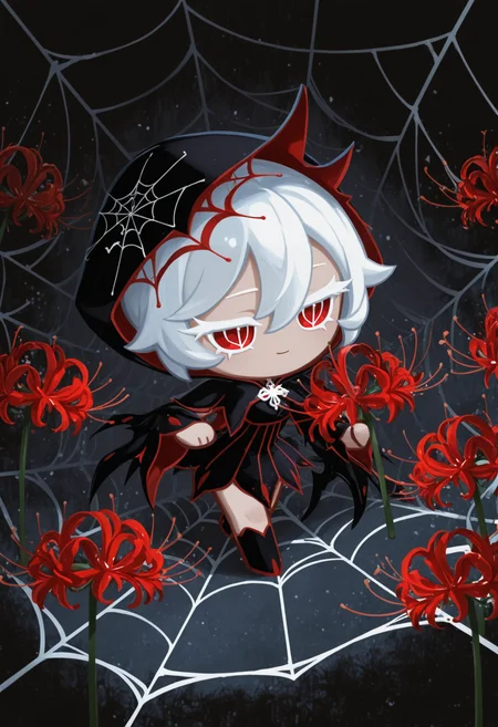 masterpiece,best quality,amazing quality,
colored eyelashes,white eyelashes,light smile,dreaming,
dark,spider-lily-inspired clothing,spider-lily-themed accessories,deadly pose,solo,full body,shadowy,moonlit background,(assassin theme:1.1),(spider-lily theme:1.1),holding a pair of razor-sharp,lily-shaped daggers,surrounded by an aura of danger and stealth,with a few spiders or spider-webs scattered around her,and a soft,eerie glow emanating from her eyes as she stalks her prey with deadly precision,
crk1styl111,<lora:lycoris:1>,(chibi:1.4),