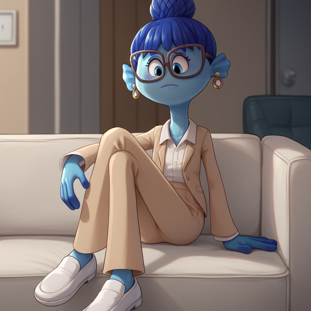 score_9_up, score_8_up, BREAK, AgathaGillman, 1girl, solo, blue hair, single hair bun, colored skin, blue skin, blue eyes, glasses, earrings, shirt, beige suit, pants, white footwear,  <lora:AgathaGillman_PXL_Leaf1:1>, indoors, sitting on couch, depth of field,