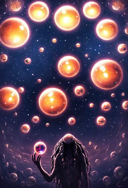 flowing hair, braided hair, 
beautiful monster, 
in space, black body,
shining eyes, (large eyes), golden jewelry, 
face focus,
planet in foreground, planet, 
star shaped eye,
no mouth, no nose, 
golden threads around body,
from below, 
holding orb in hand, 
from side, 
interacting with orb, 
leaning forward, dynamic angle
Expressiveh, dark, low-key, chiaroscuro